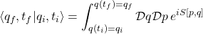 \[\langle q_f, t_f | q_i, t_i \rangle = \int_{q(t_i) = q_i}^{q(t_f)=q_f}\mathcal{D}q\mathcal{D}p \, e^{iS[p,q]}\]